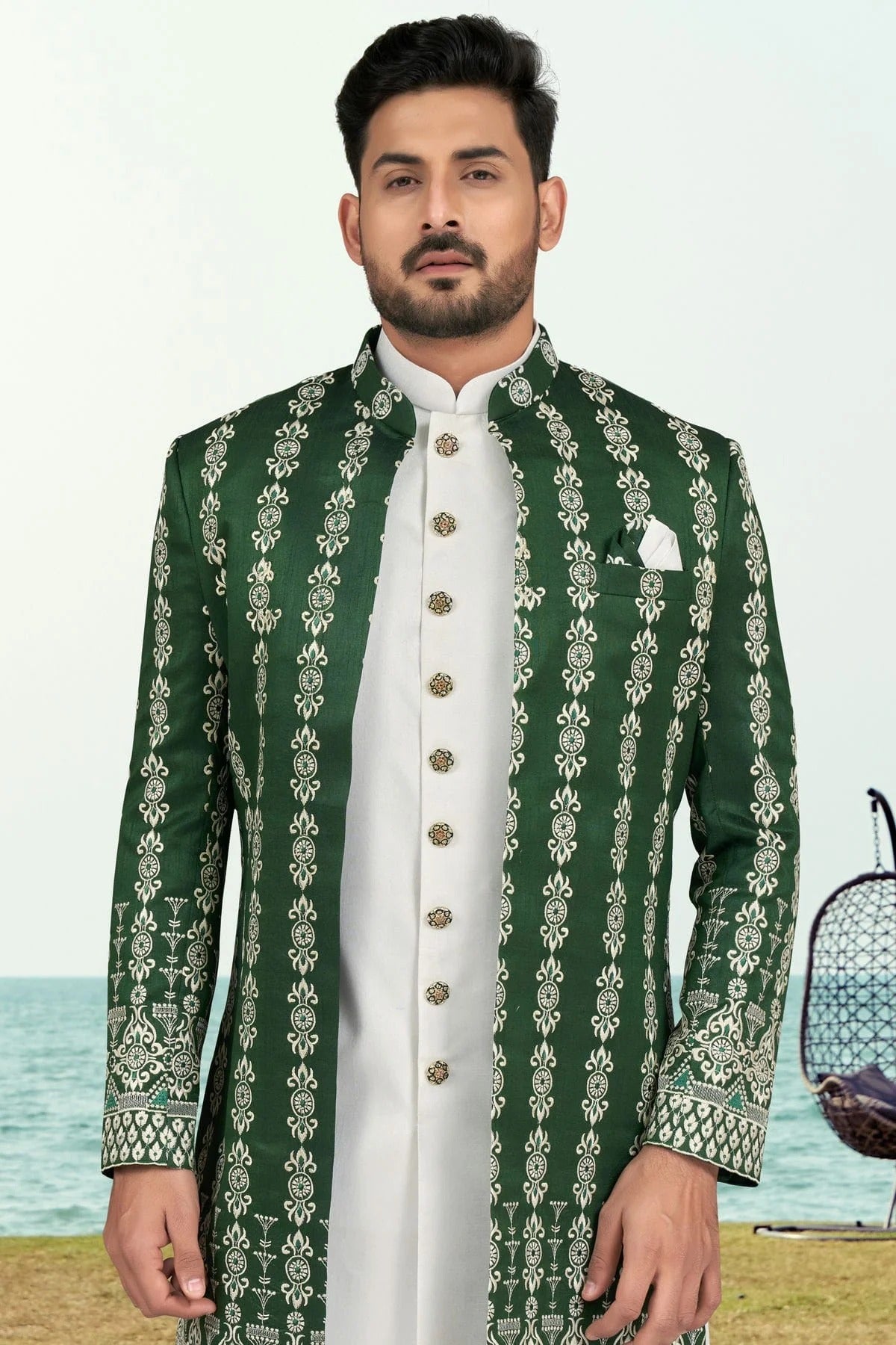 Green Colour Banarasi Silk Sherwani SH1040514 A