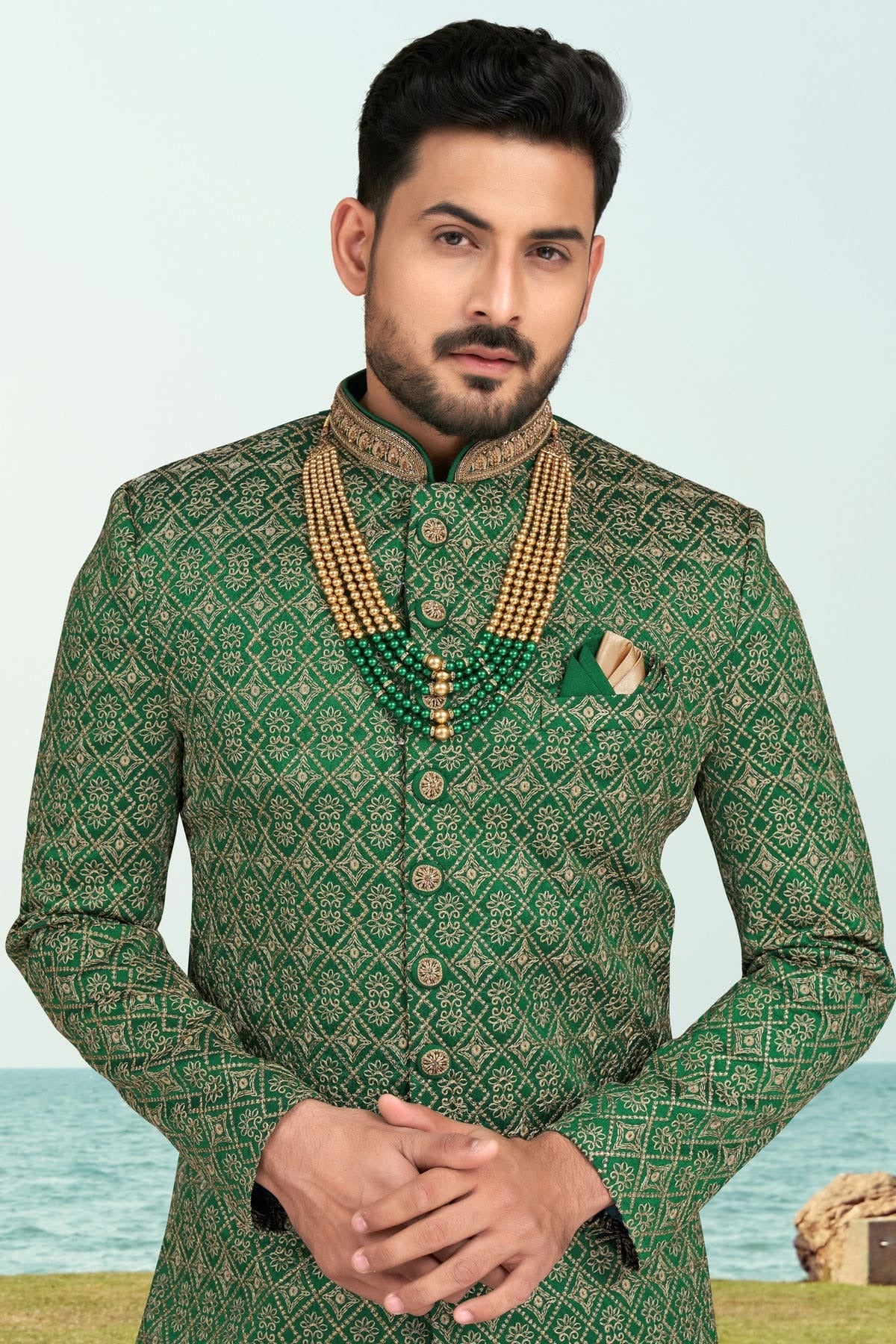 Green Colour Banarasi Silk Sherwani SH1040519 A