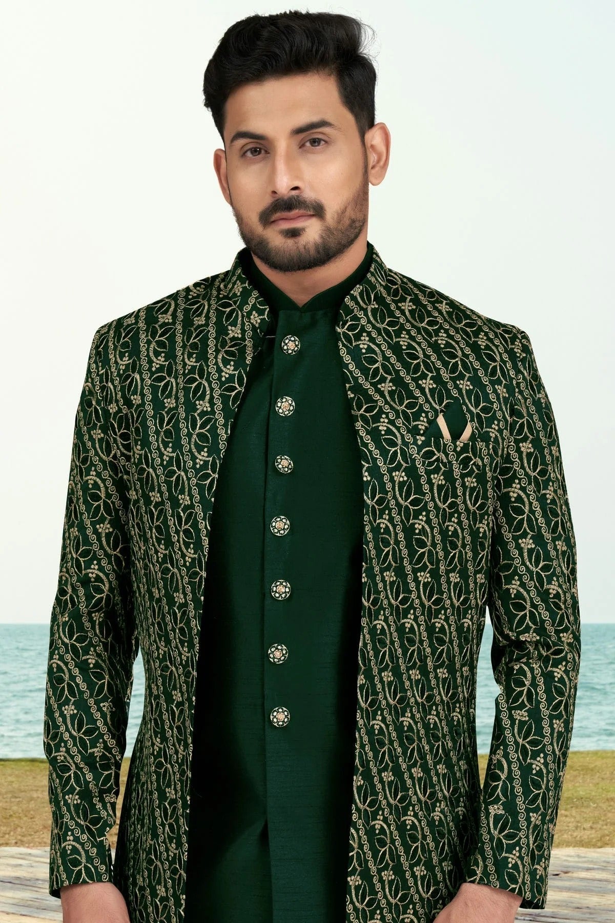 Green Colour Banarasi Silk Sherwani SH1040534 A