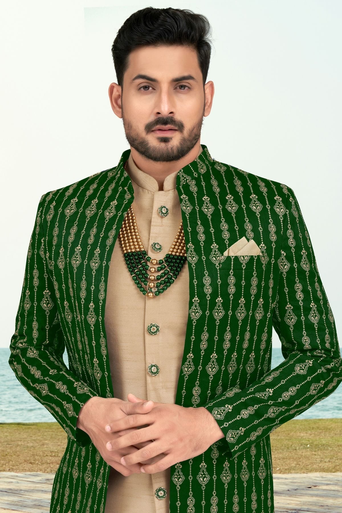 Green Colour Banarasi Silk Sherwani SH1040542 A