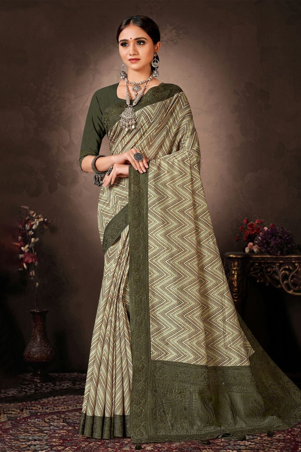 Green Colour Chanderi Silk Printed Saree LC1121637