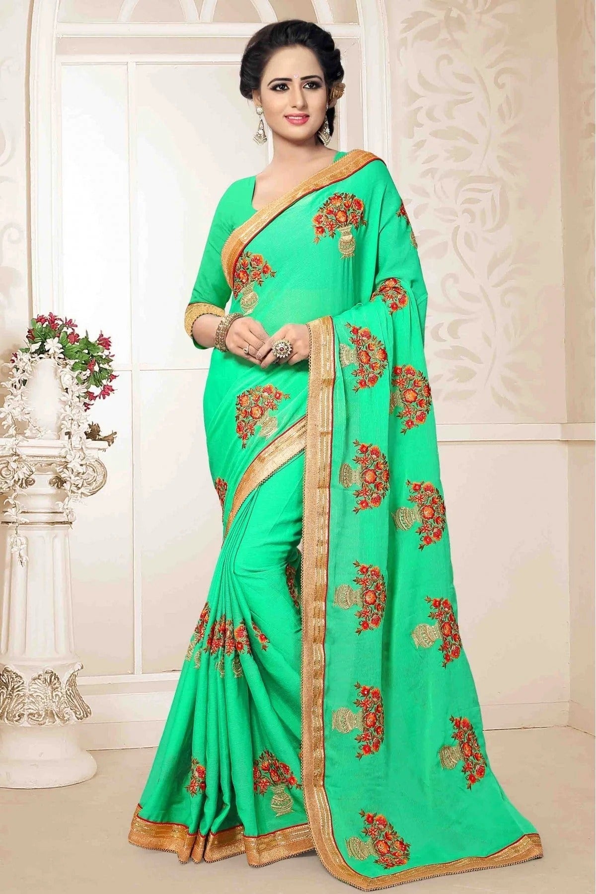 Green Colour Chiffon Embroidery Saree SD1120021