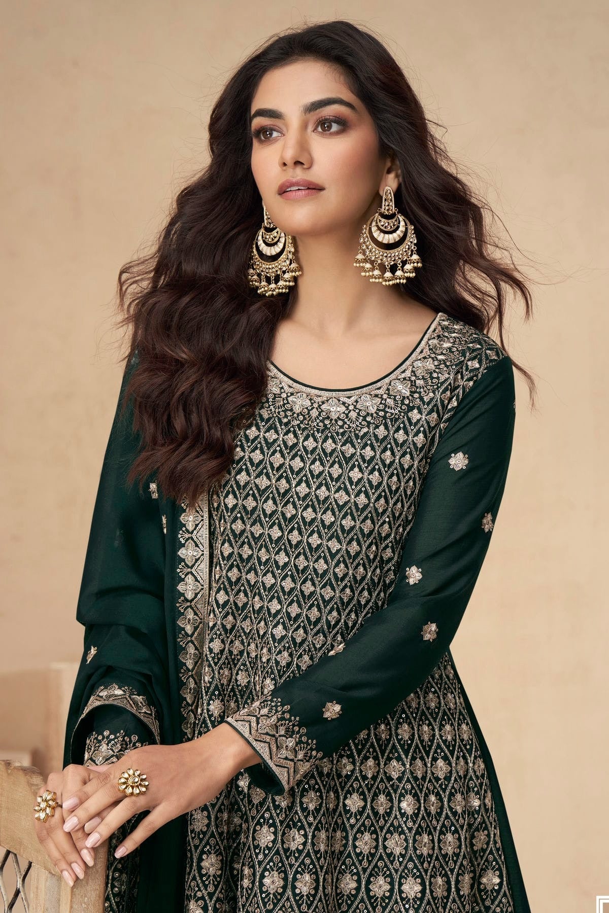 Green Colour Chinon Silk Palazzo Pant Suit SM1140535 A