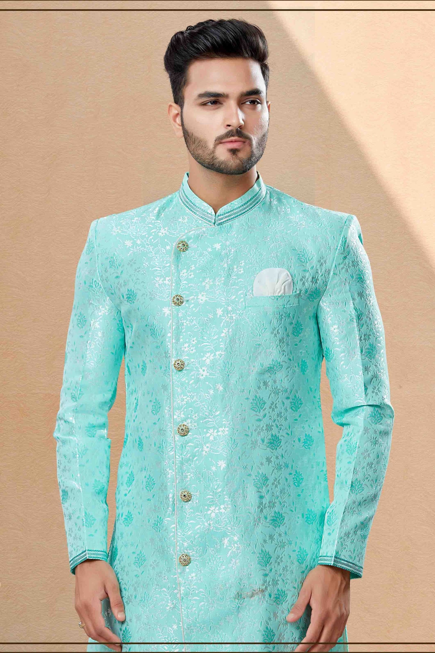 Green Colour Dhoti Sherwani In Banarasi Jacquard Fabric SH1040387 A