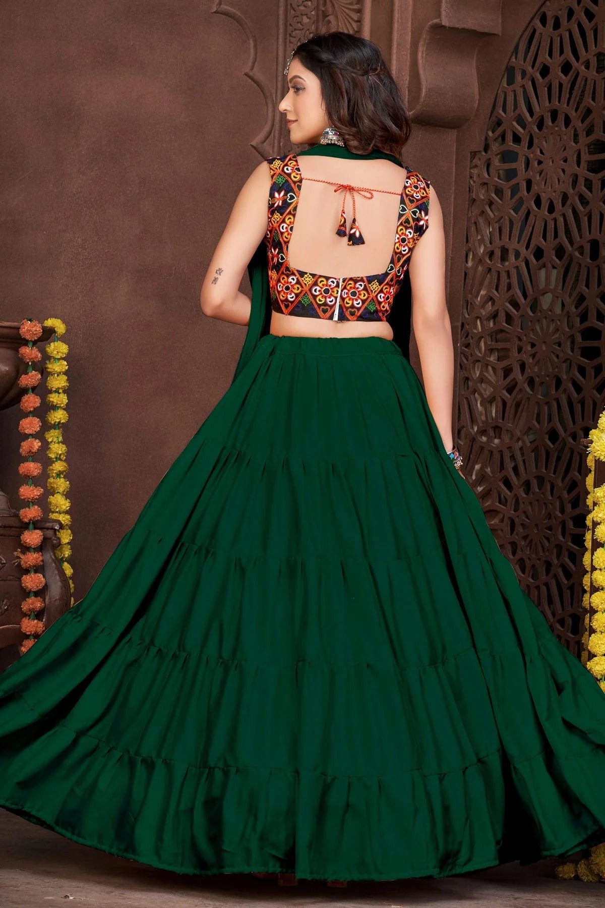 Green Colour Embroidery Work French Crepe Navratri Lehenga LD1170006 A