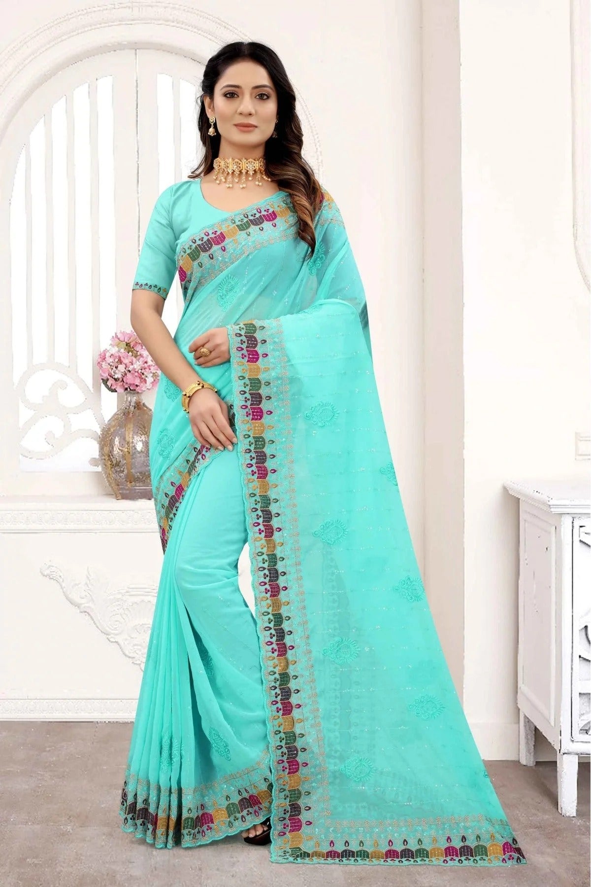 Green Colour Georgette Embroidery Saree SD1090284