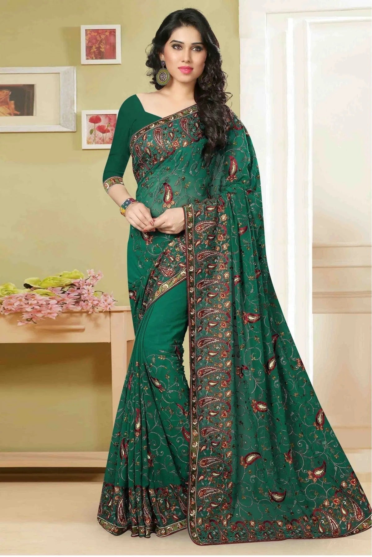 Green Colour Georgette Embroidery Saree SD1120007
