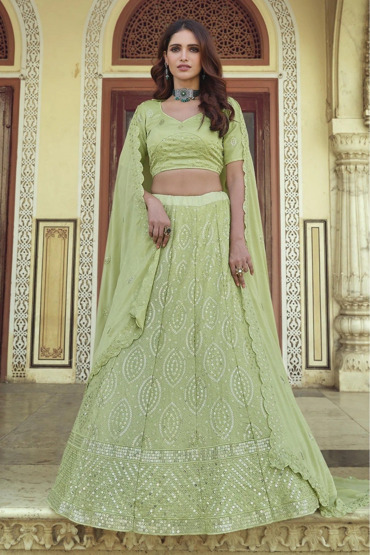 Green Colour Georgette Sequins Work Lehenga Choli LC1080565