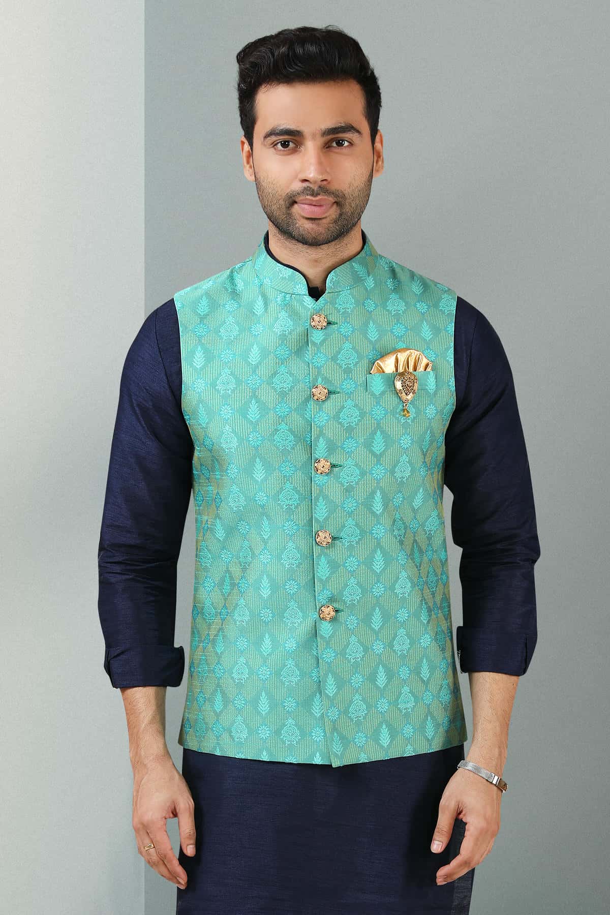 Green Colour Jacquard Banarasi Silk Woven Work Kurta Pajama With Jacket