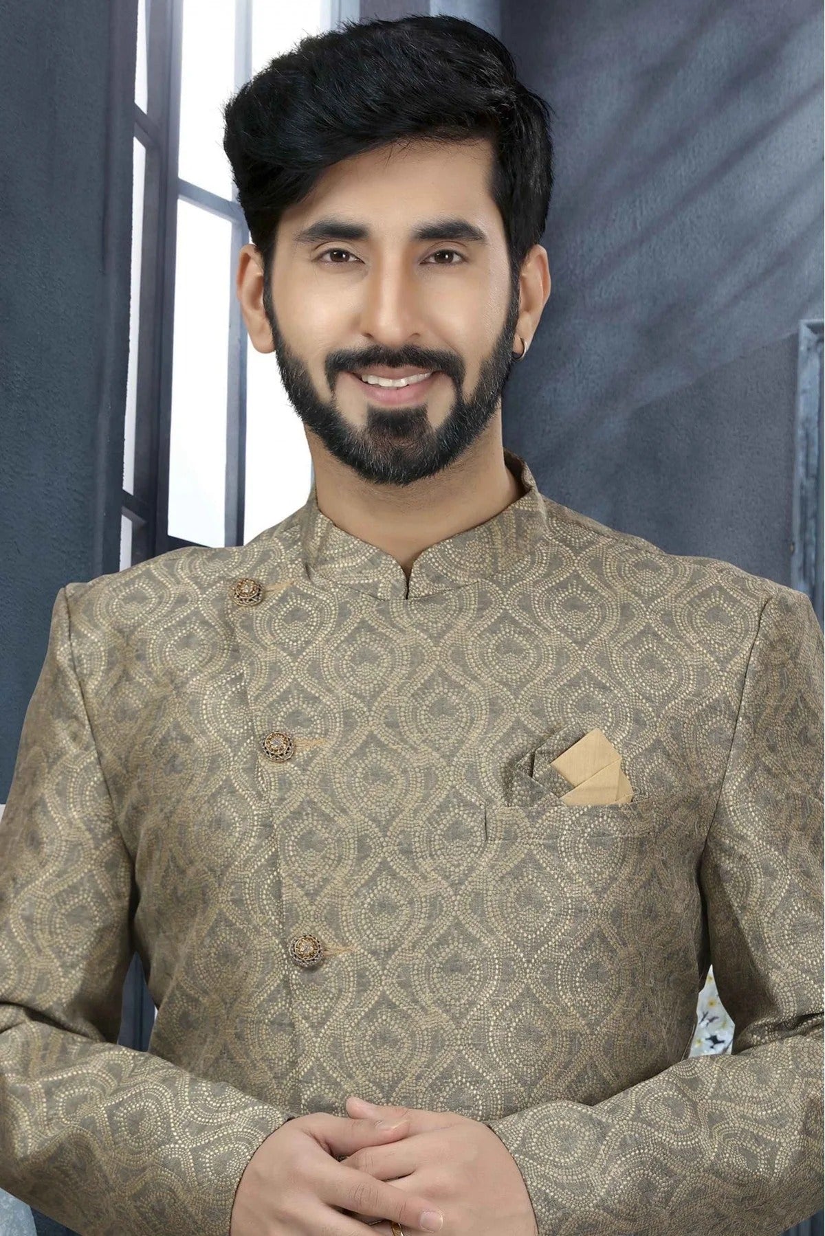 Green Colour Jacquard Digital Print Sherwani SH1040331 A