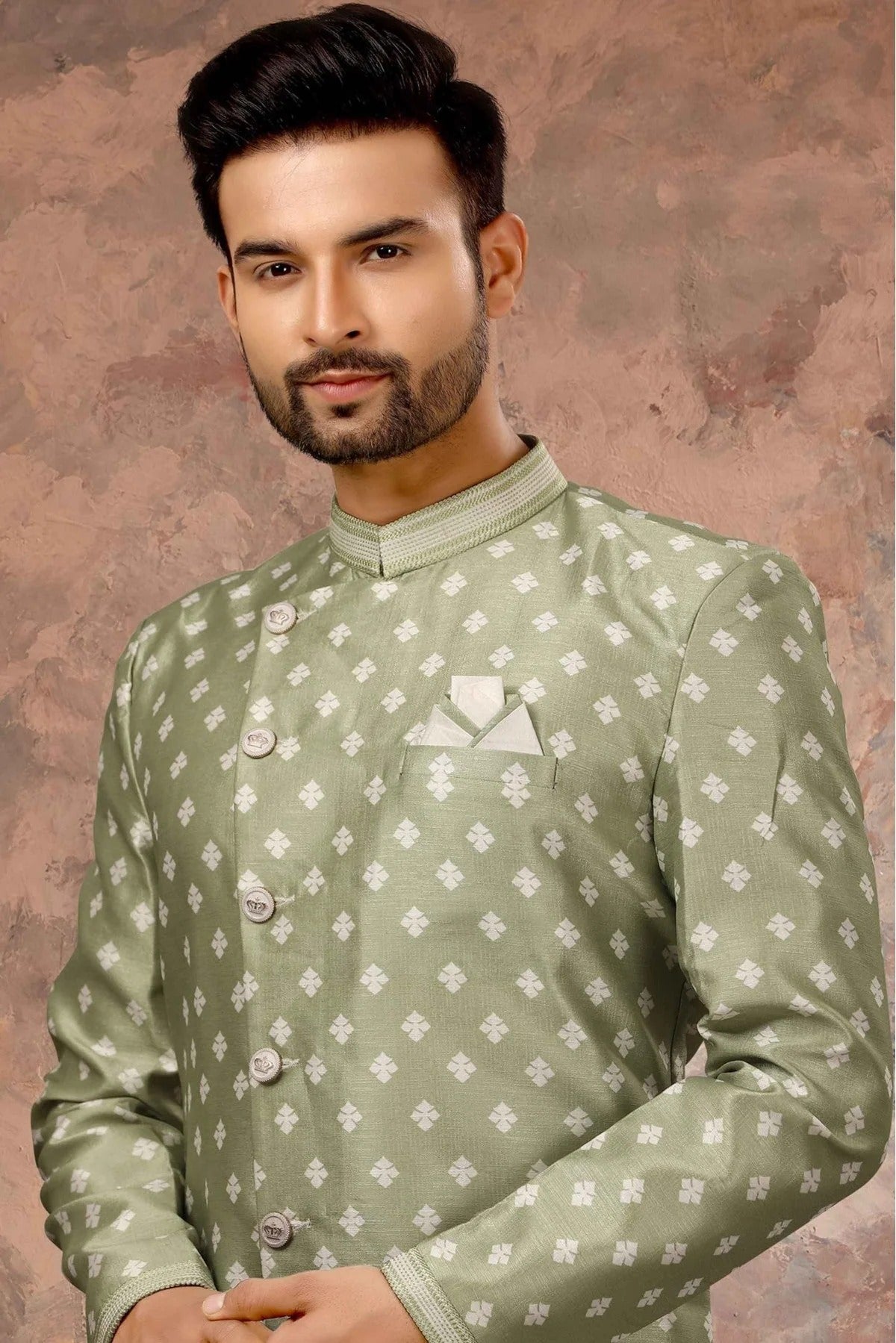 Green Colour Jacquard Digital Print Sherwani SH1040332 A