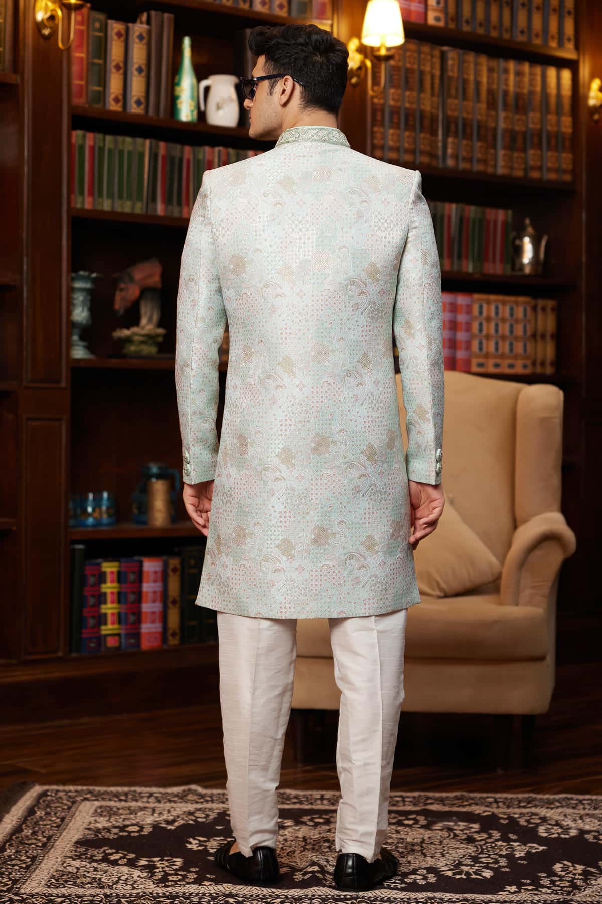 Green Colour Jacquard Silk Embroidery Work Indo Western