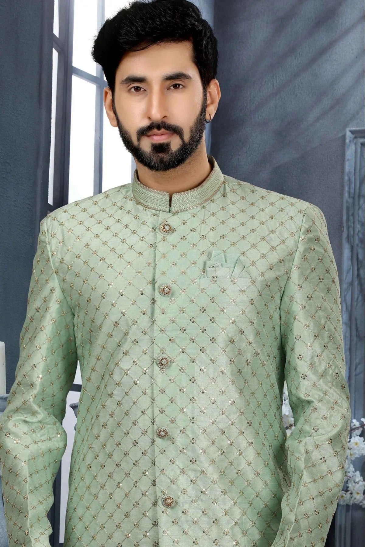 Green Colour Jacquard Thread Work Sherwani SH1040321 A