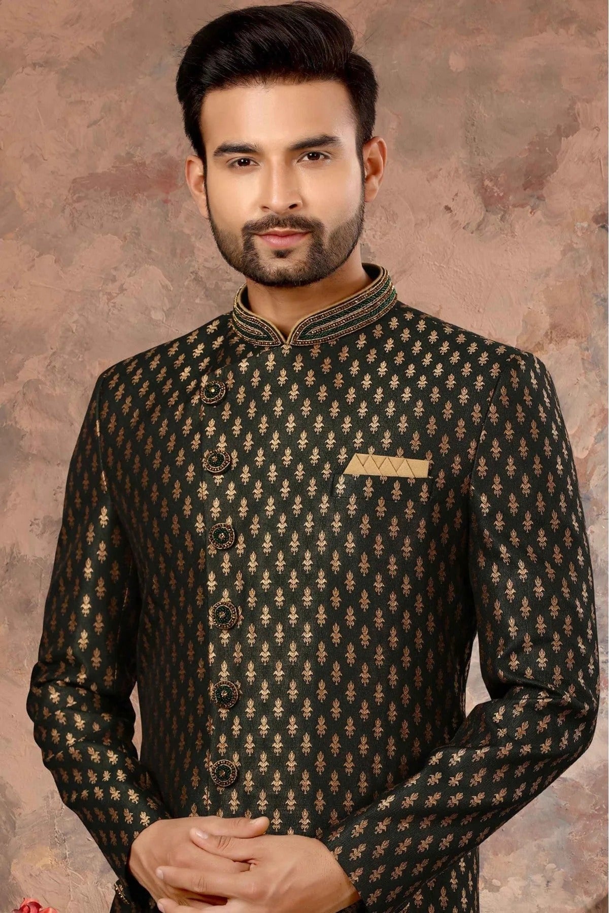 Green Colour Jacquard Woven Sherwani SH1040326 A