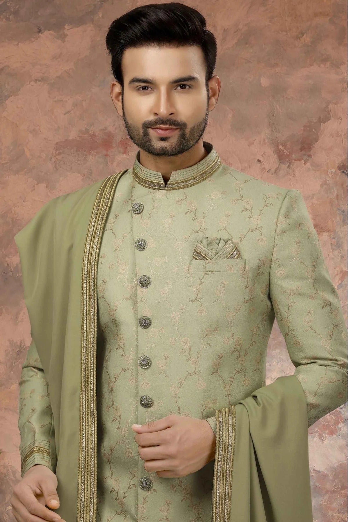 Green Colour Jacquard Zari Work Sherwani SH1040324 A