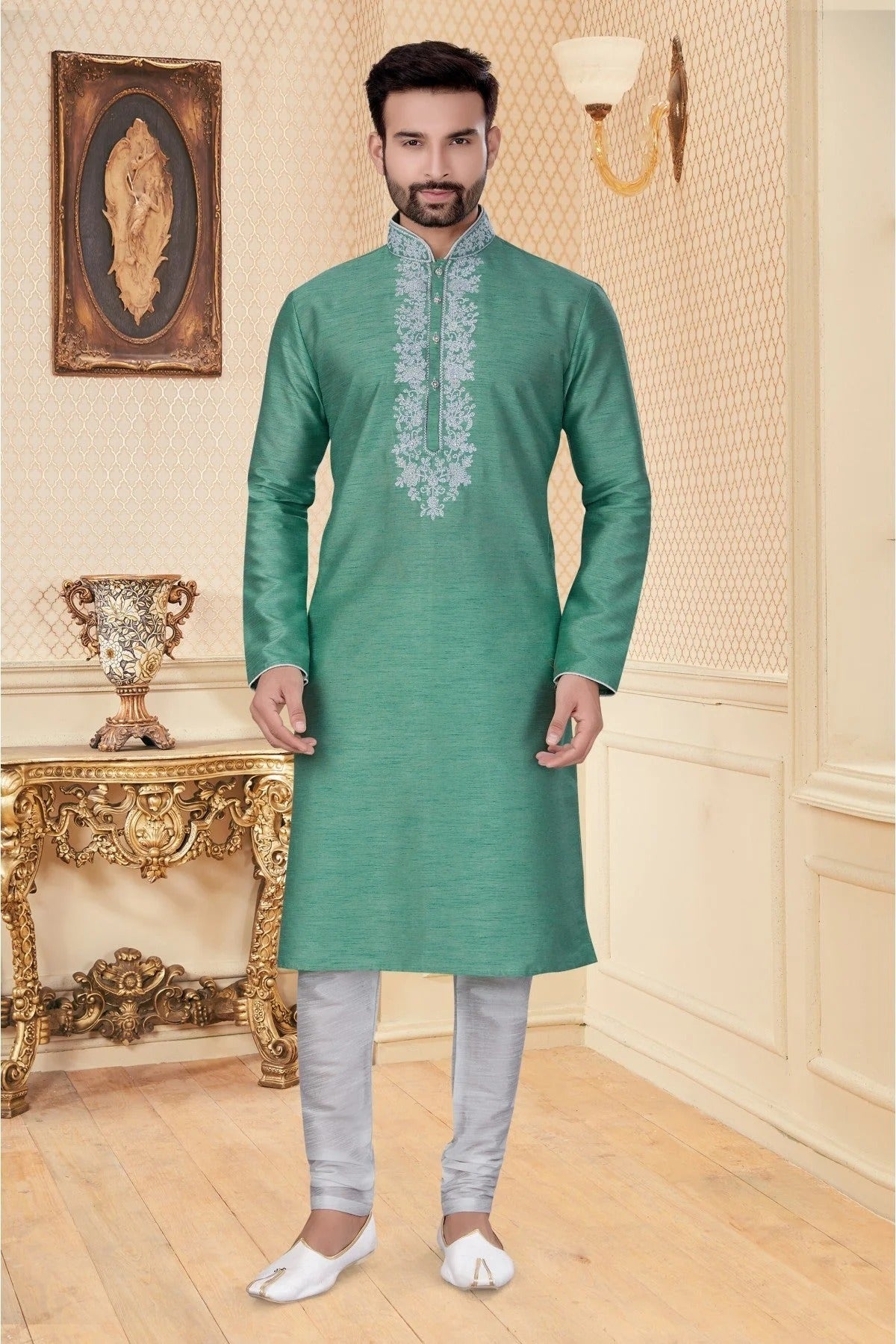 Green Colour Kurta Pajama In Silk Dupion Fabric KP1040107
