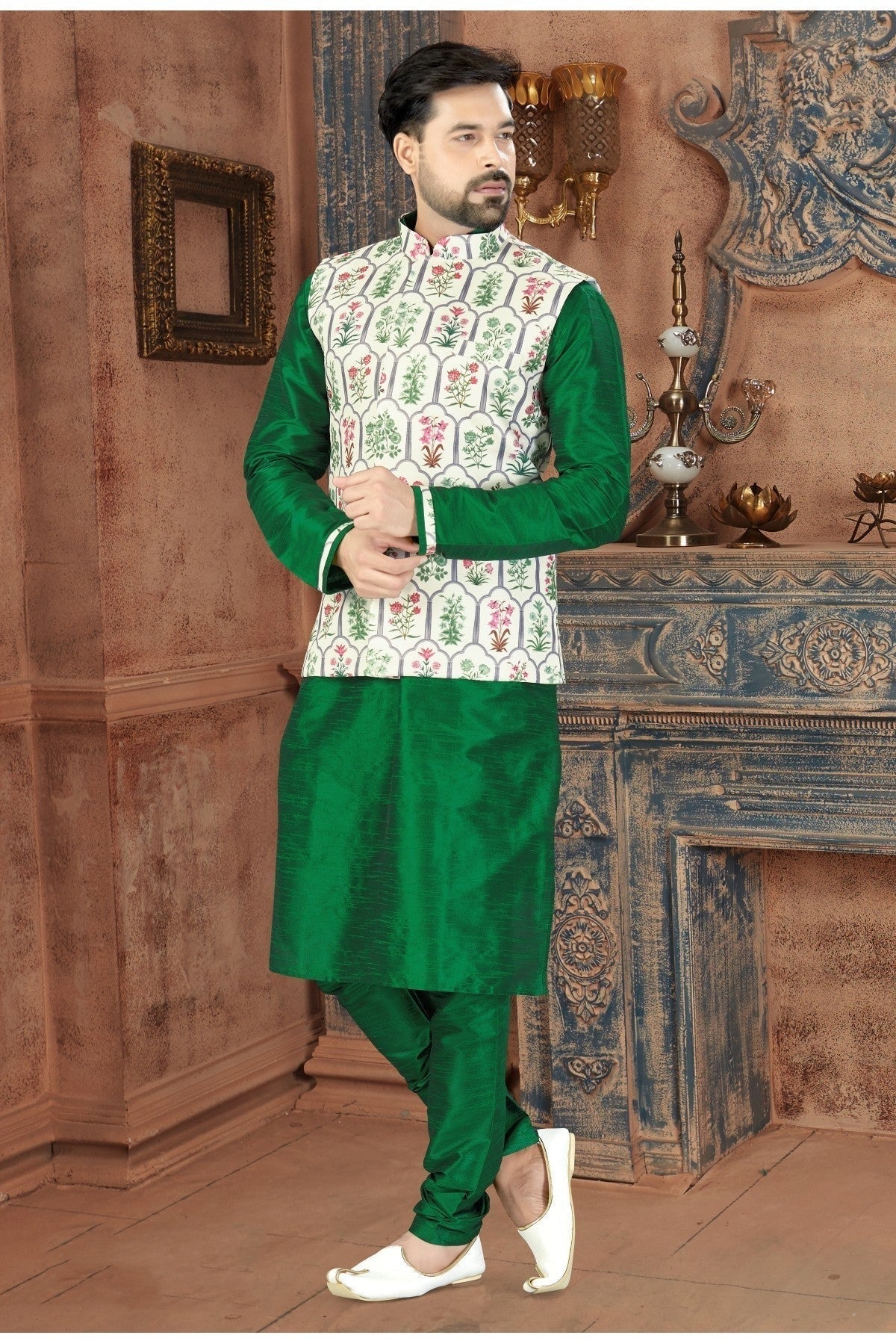 Green Colour Kurta Pajama With Jacket In Silk Fabric KP1040169