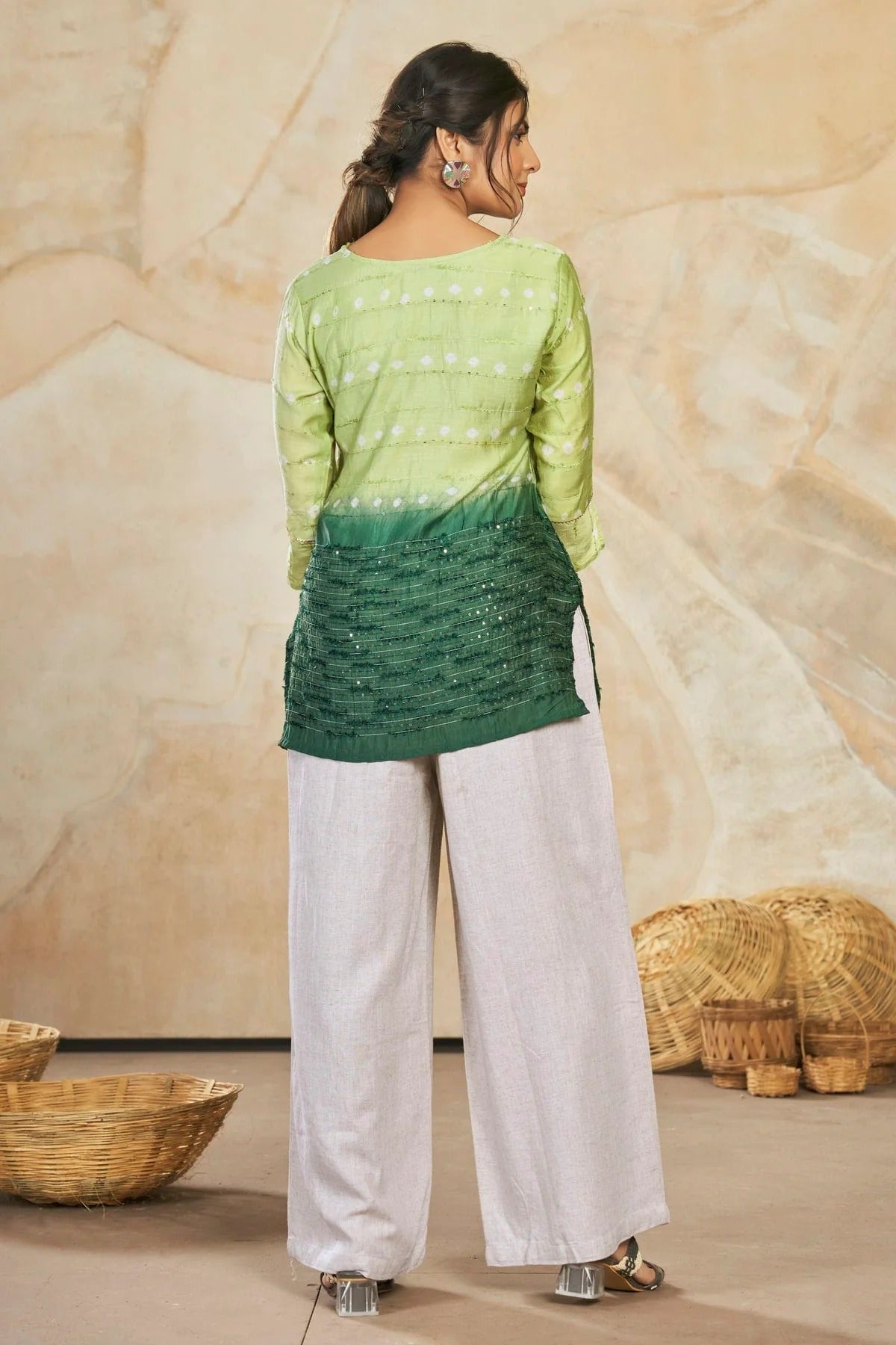 Green Colour Modal Silk Sequins Work Work Readymade Top TP1110755 A