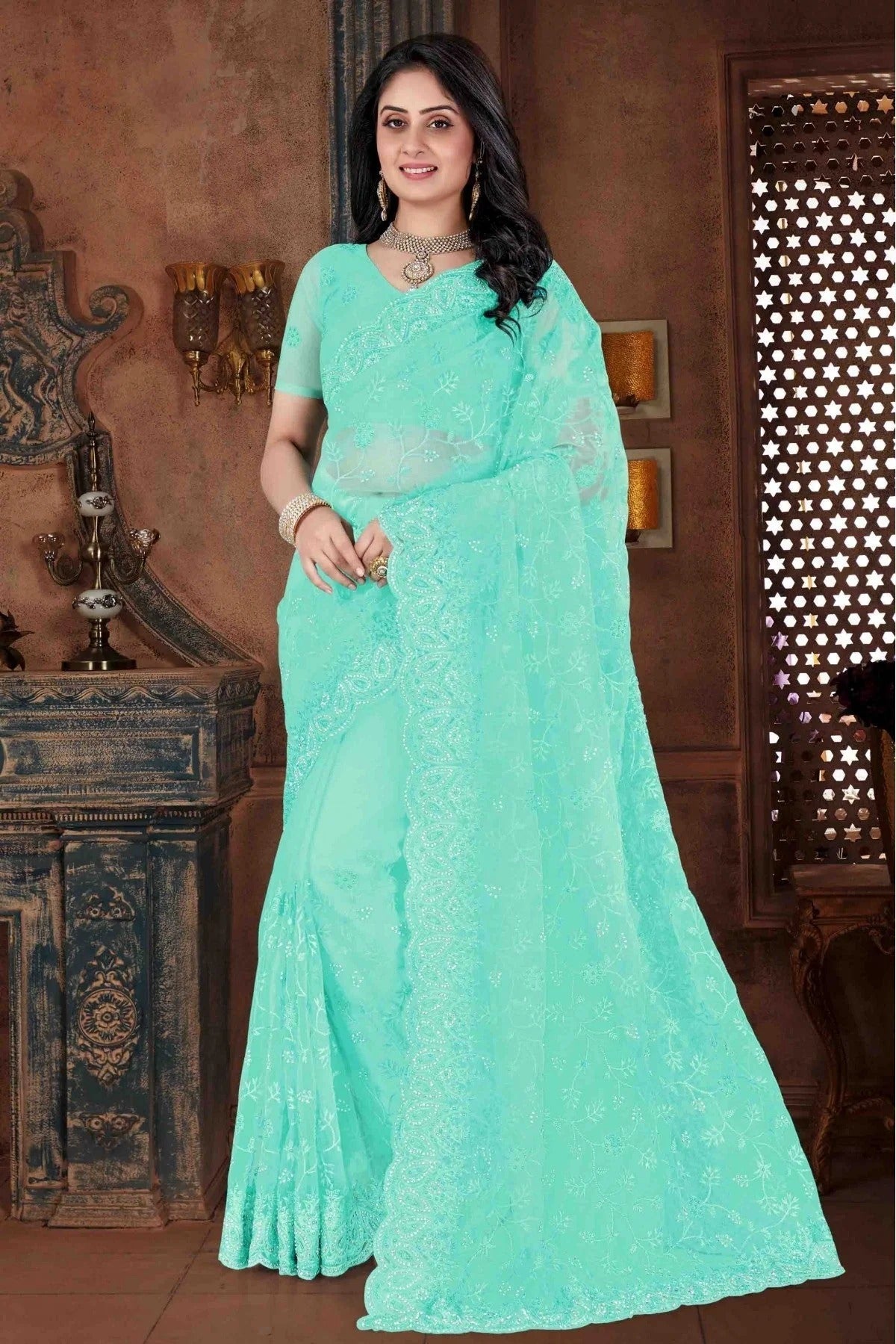 Green Colour Net Embroidery Saree SD1090114