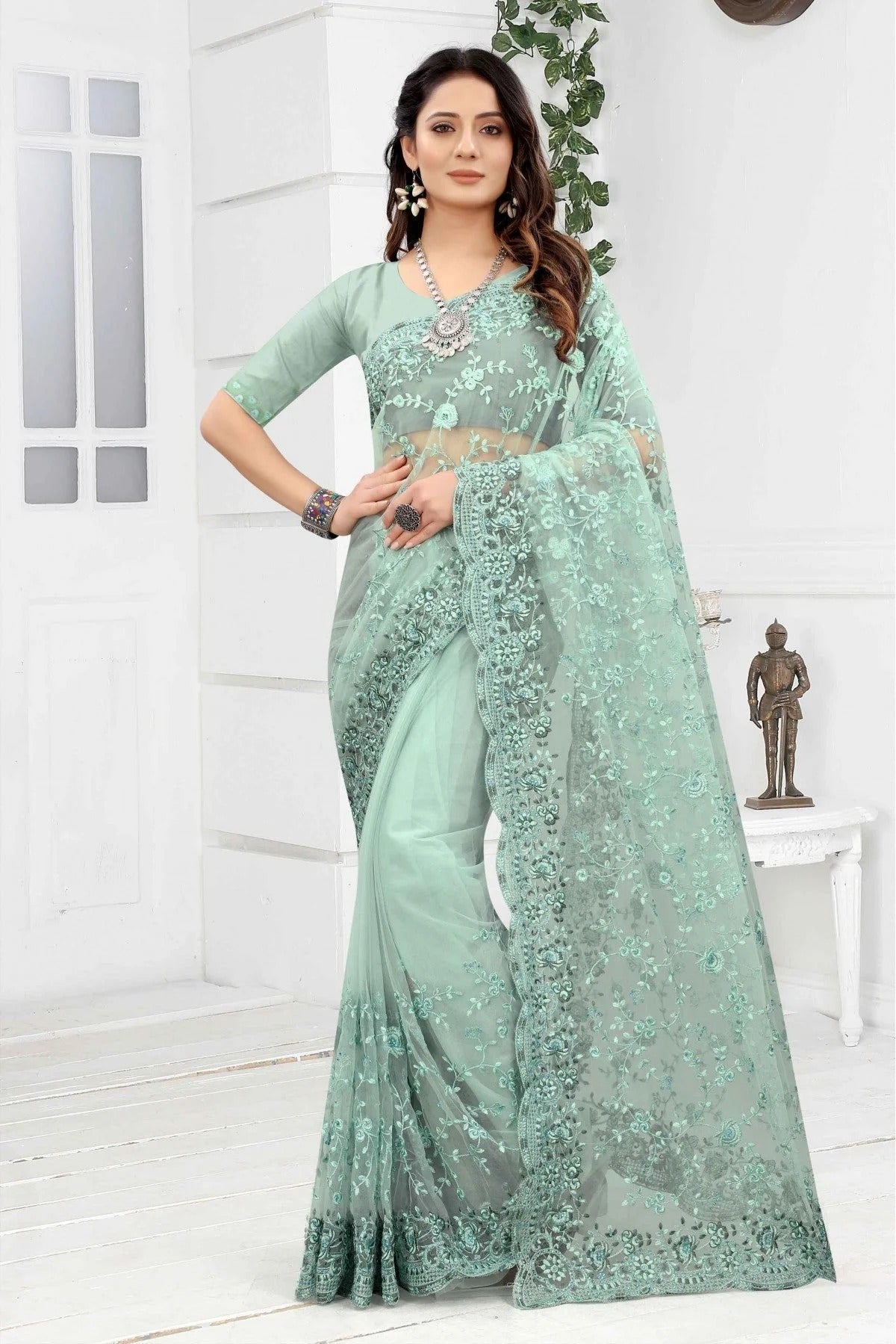 Green Colour Net Embroidery Saree SD1090257