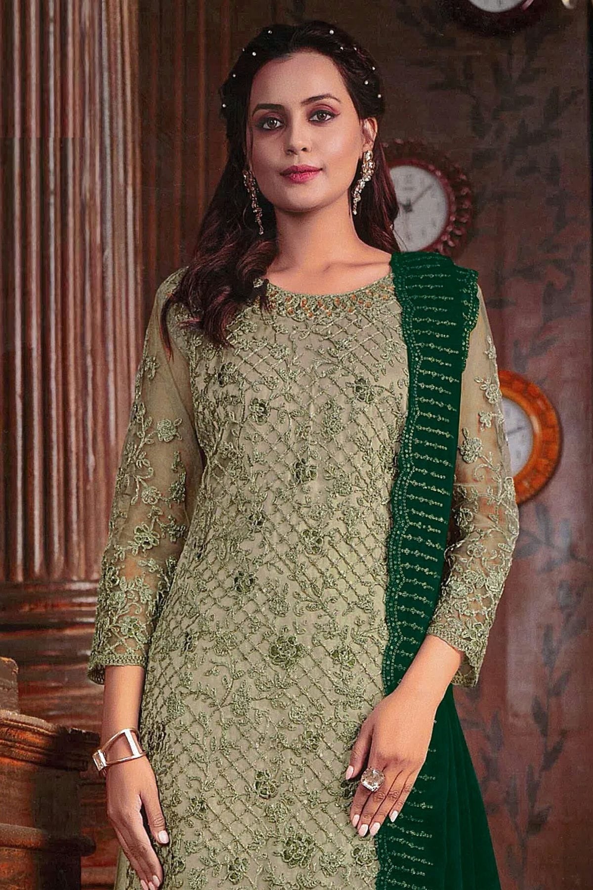 Green Colour Net Palazzo Pant Suit SM1110624 A