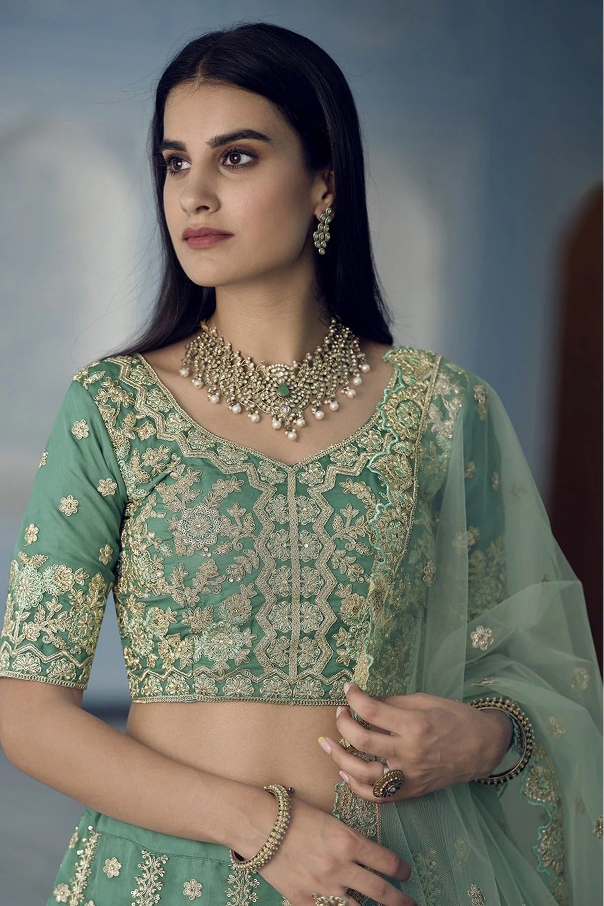 Green Colour Organza Sequins Work Lehenga Choli LC1080324 B