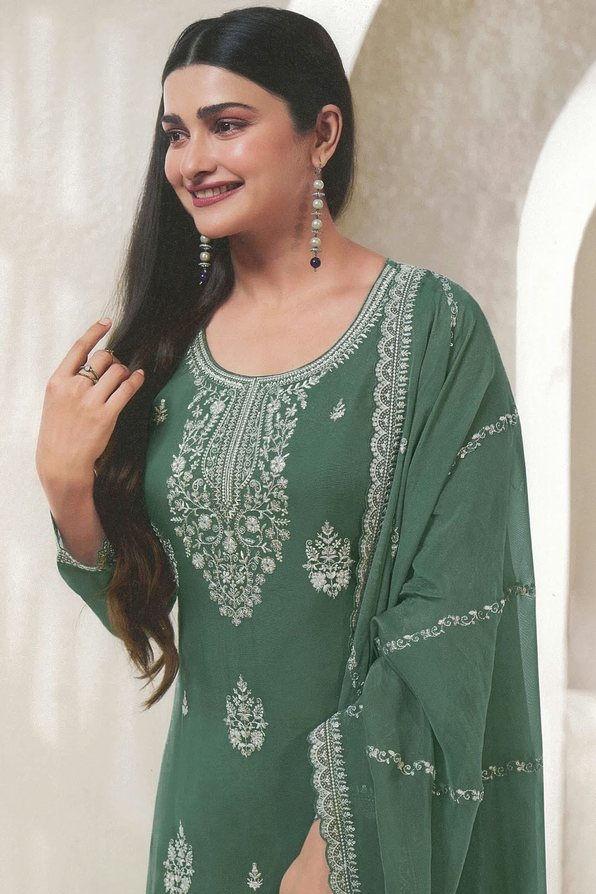 Green Colour Organza Straight Suit SM1110712 A