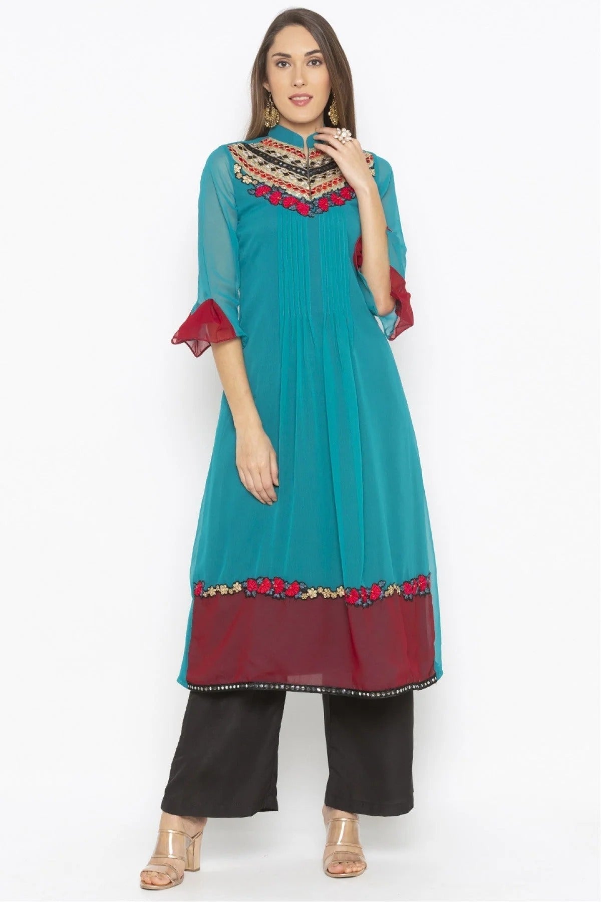 Green Colour Plus Size Georgette Embroidery Kurta Set KR1070570