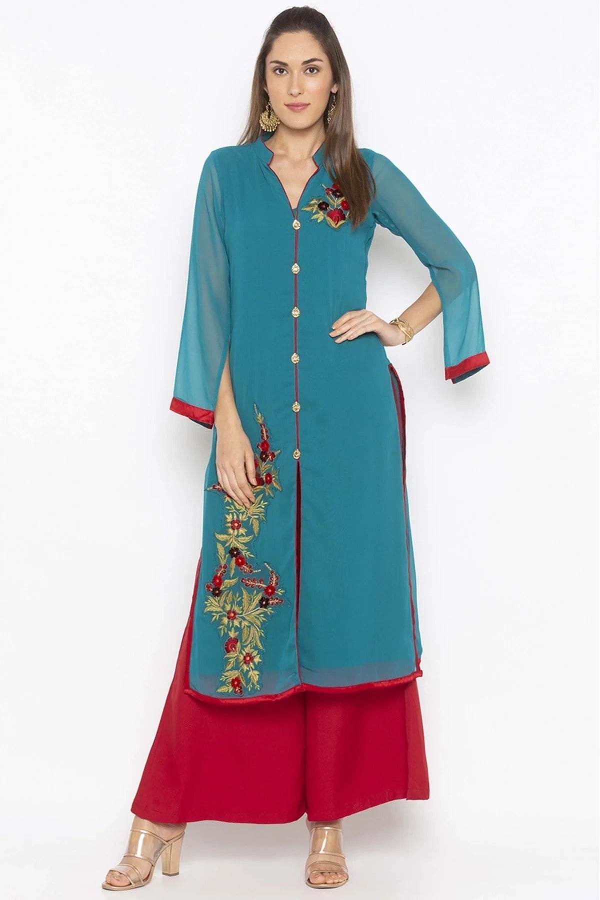 Green Colour Plus Size Georgette Embroidery Kurta Set KR1070709