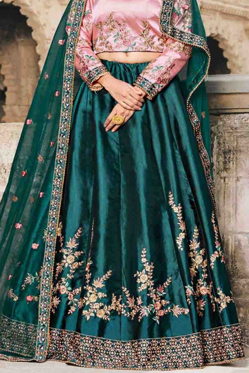 Green Colour Pure Satin Resham Work Lehenga Choli LC1080410 B