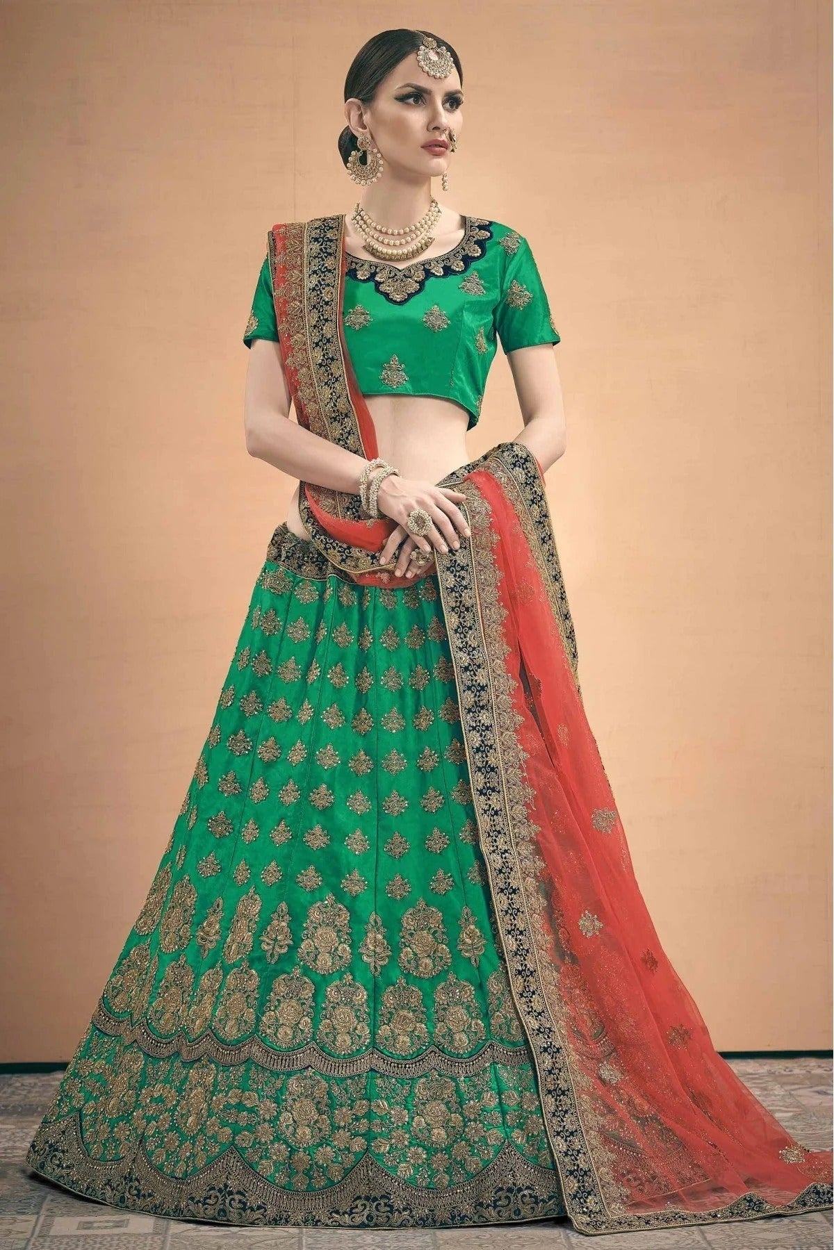 Green Colour Satin Stone Work Lehenga Choli LC1080466