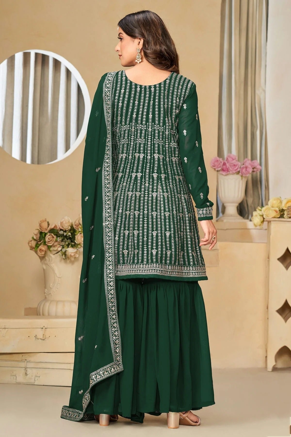Green Colour Semi Stitched Faux Georgette Sharara Suit SM1050481 A