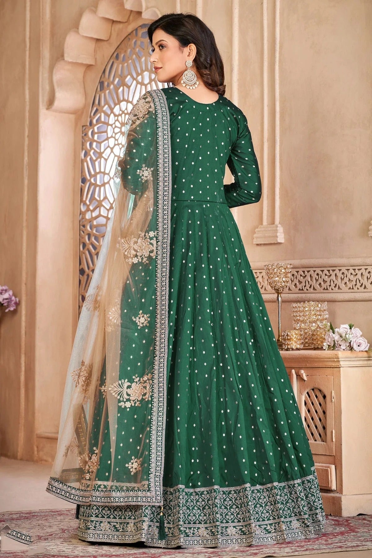 Green Colour Semi Stitched Taffeta Silk Anarkali Suit SM1050420 A