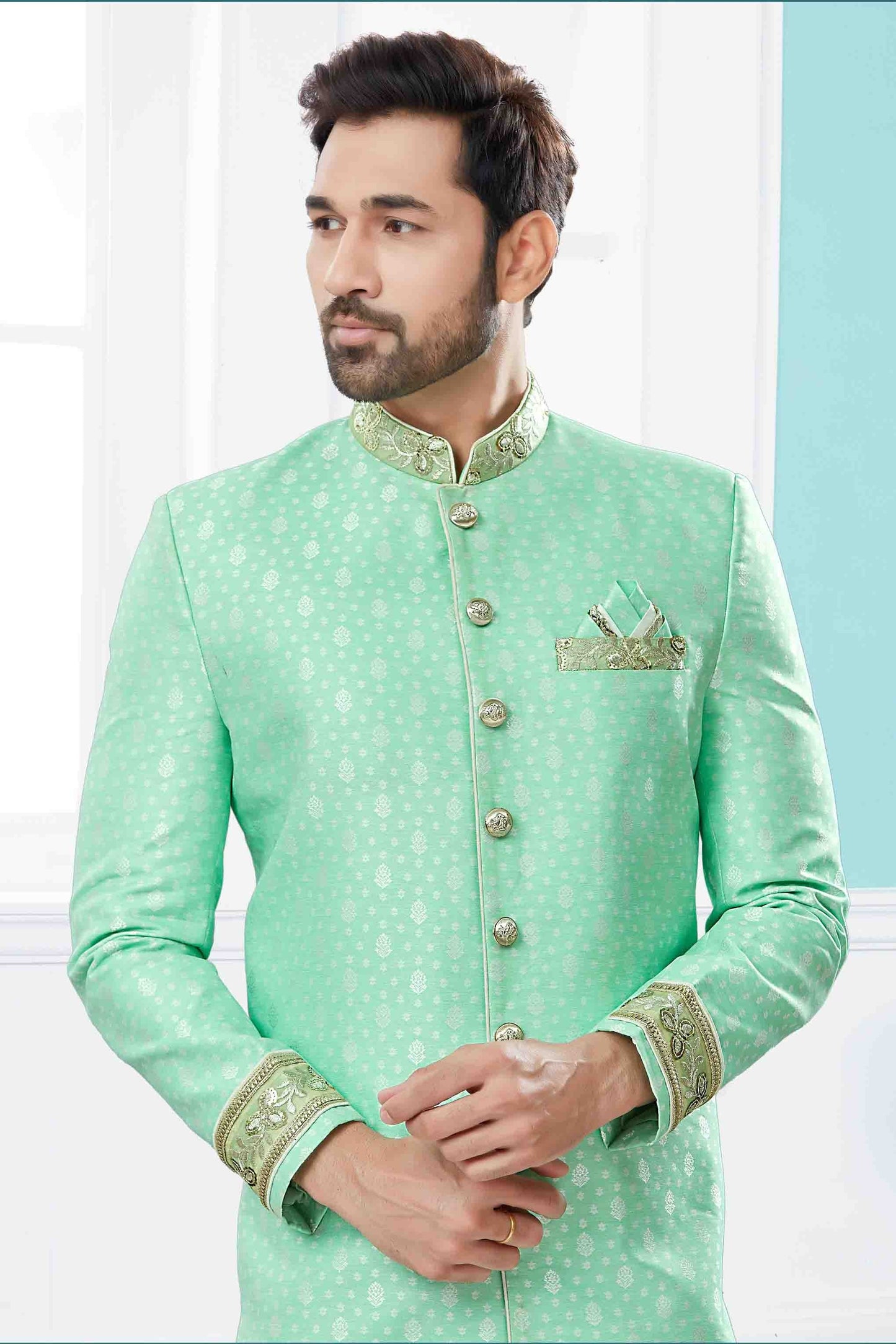 Green Colour Sherwani In Silk Fabric SH1040423 A