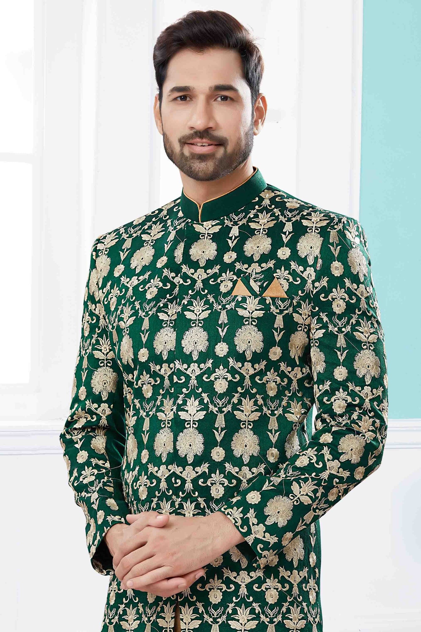 Green Colour Sherwani In Velvet Fabric SH1040415 A