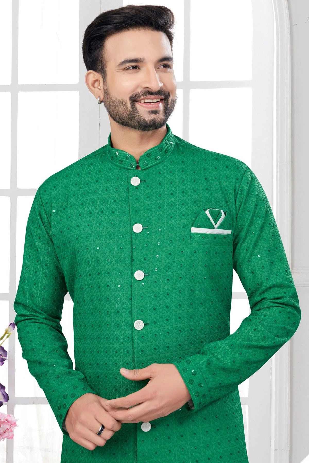 Green Colour Silk Dupion Sherwani SH1040607 A