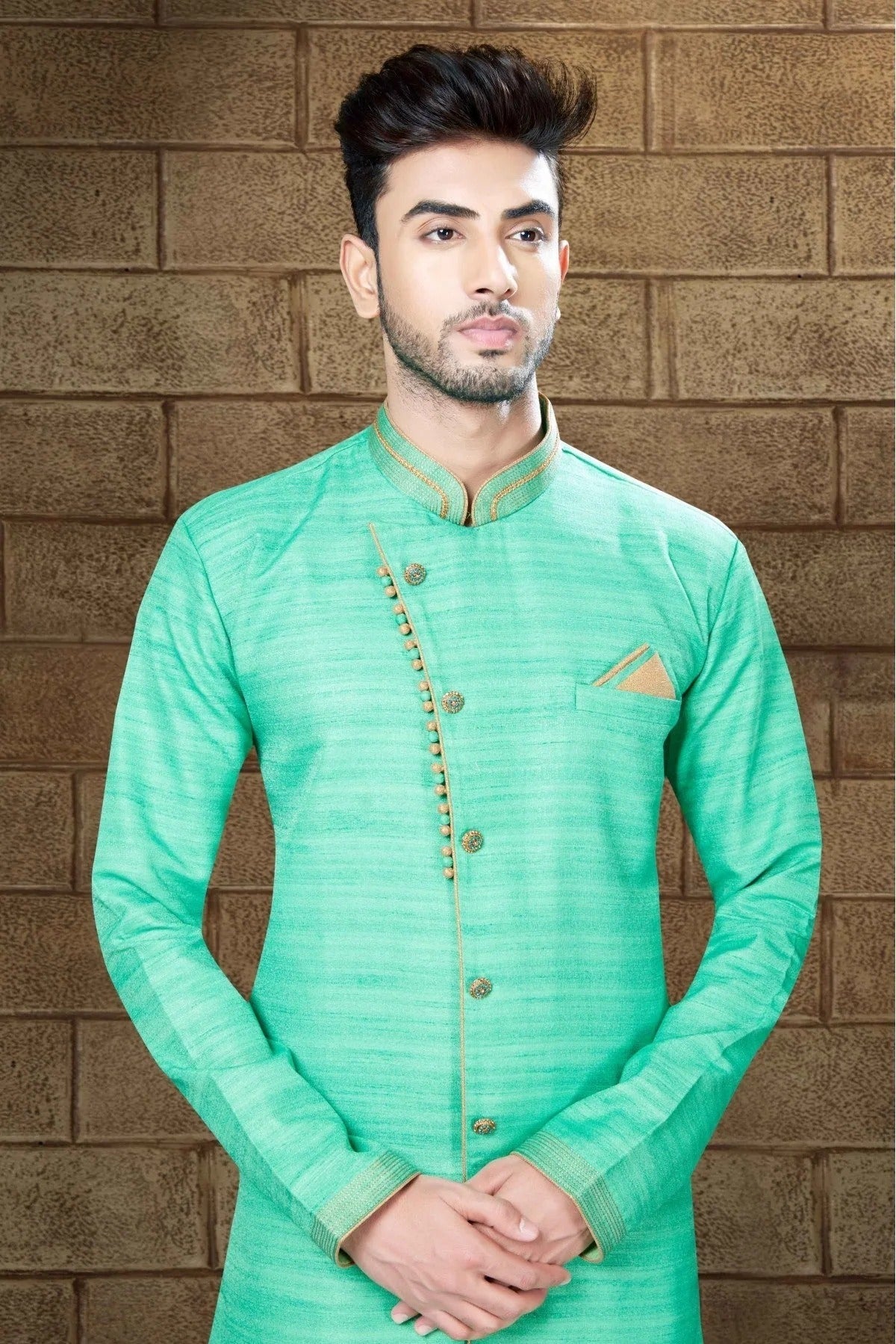 Green Colour Silk Indo Western SH1040200 A