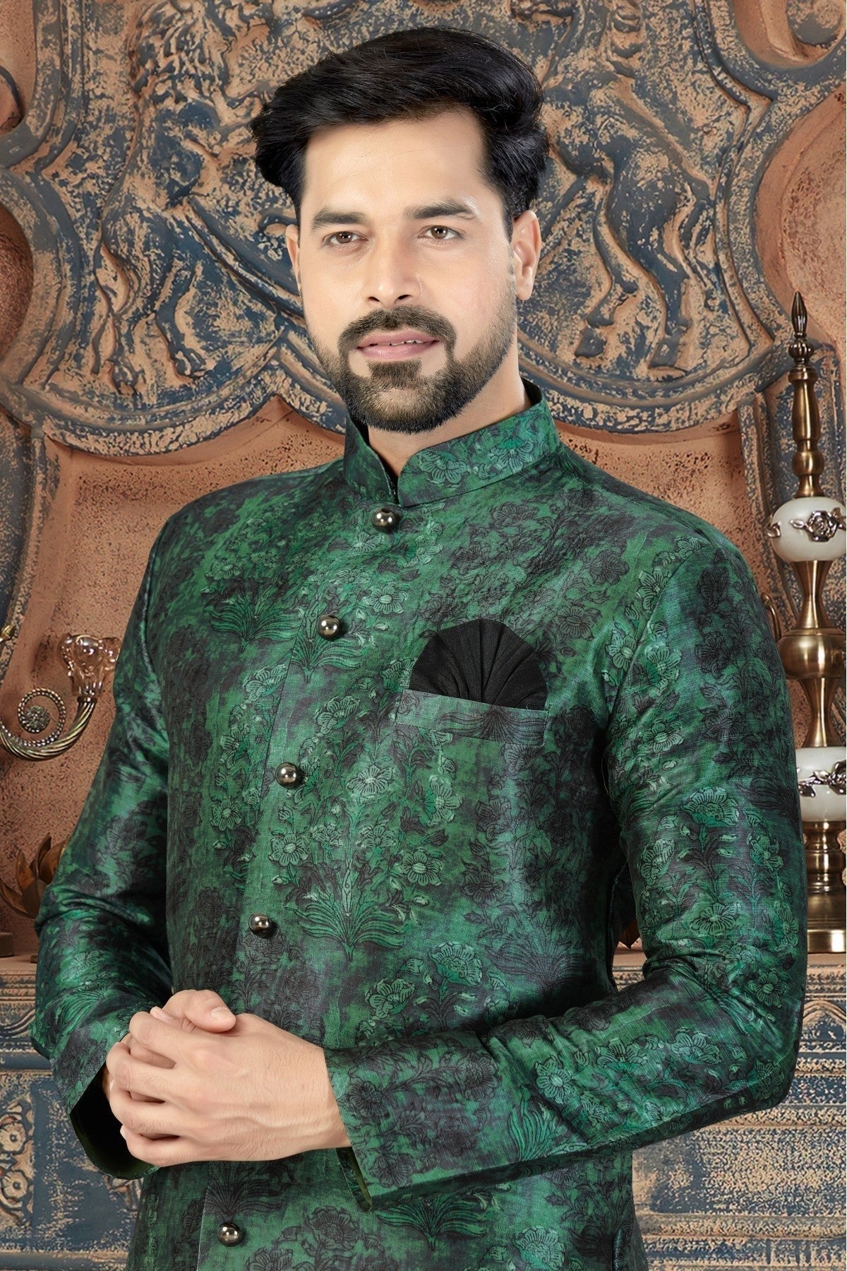Green Colour Silk Party Wear Sherwani SH1040235 A