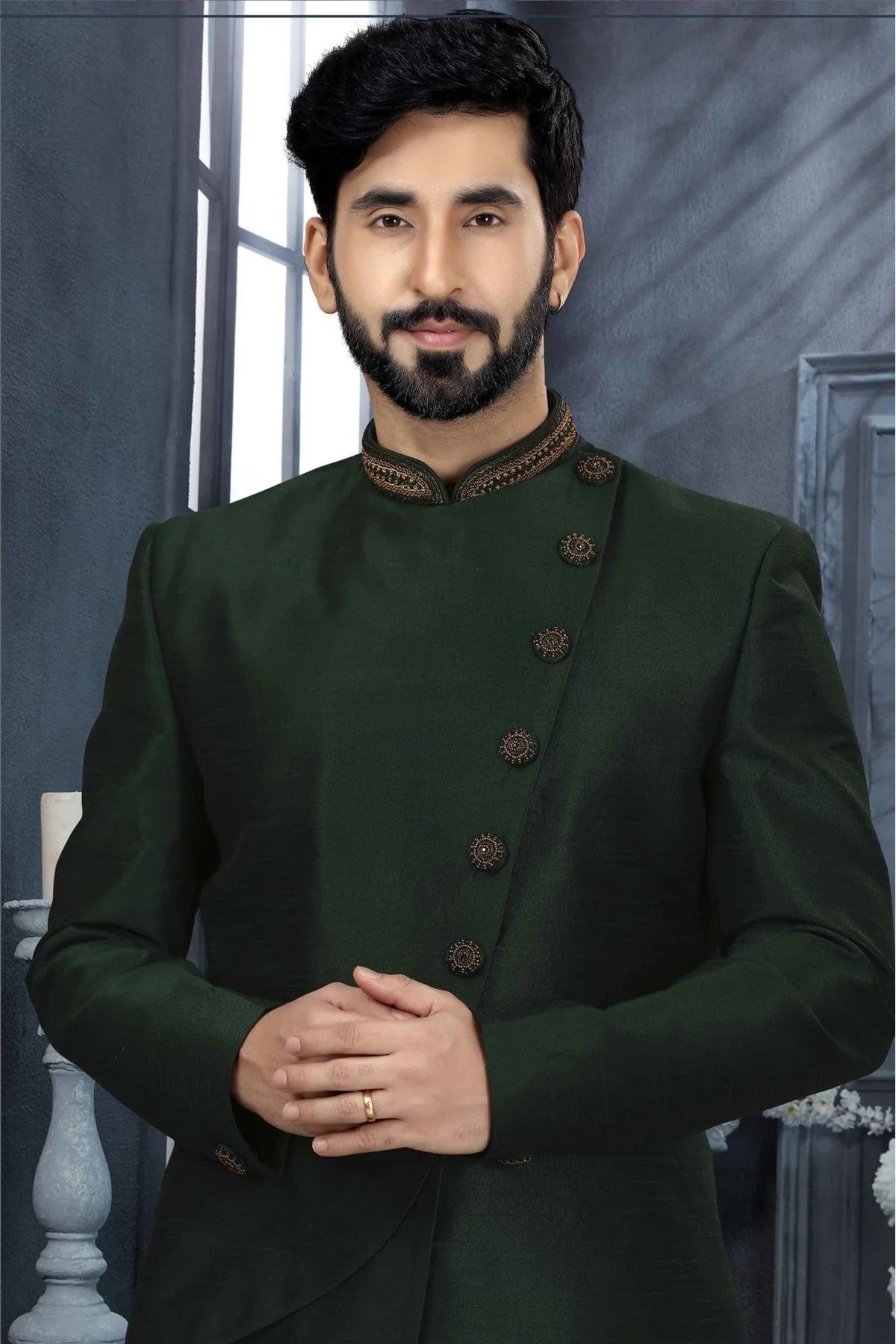 Green Colour Silk Stone Work Sherwani SH1040348 A