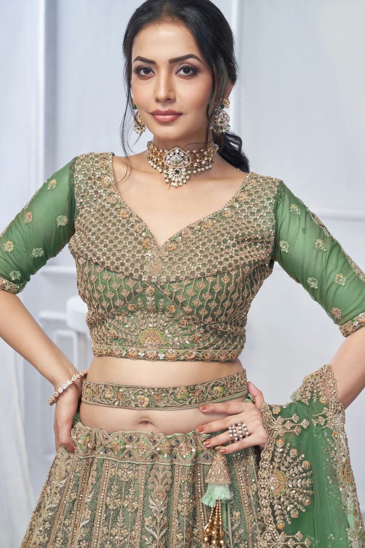 Green Colour Soft Net Embroidery Lehenga Choli LC1111363 B