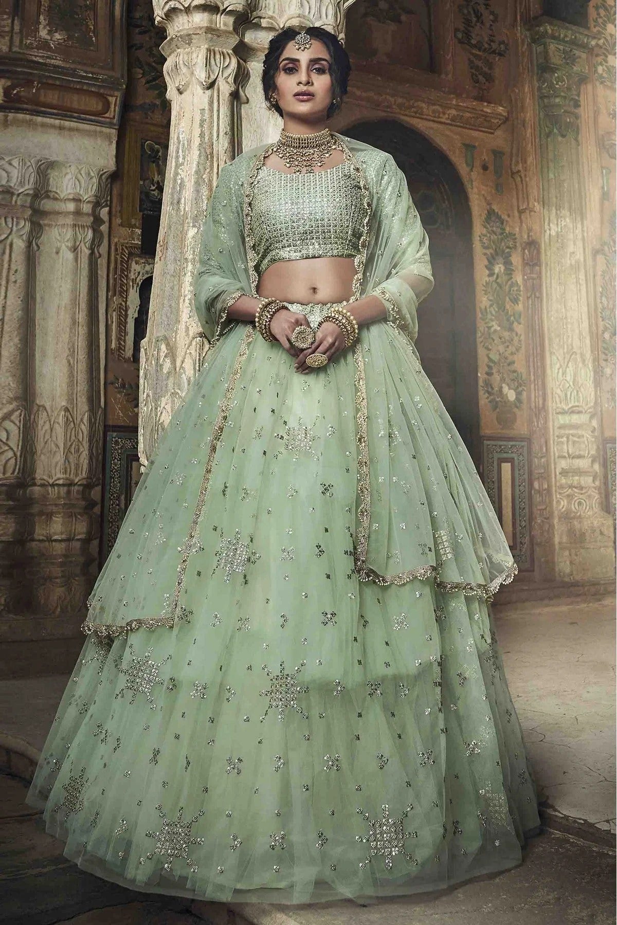 Green Colour Soft Net Sequins Work Lehenga Choli LC1080472