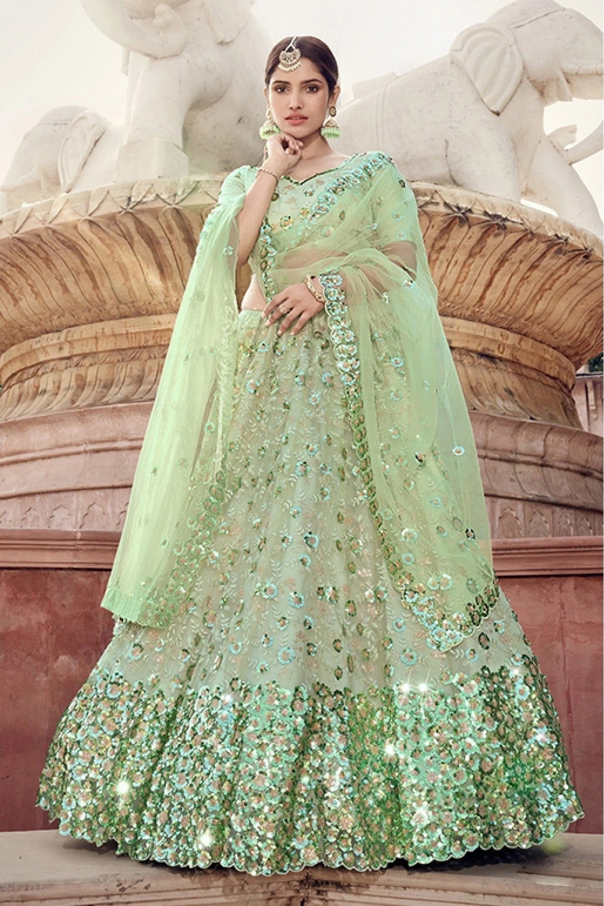Green Colour Soft Net Sequins Work Lehenga Choli LC1080518