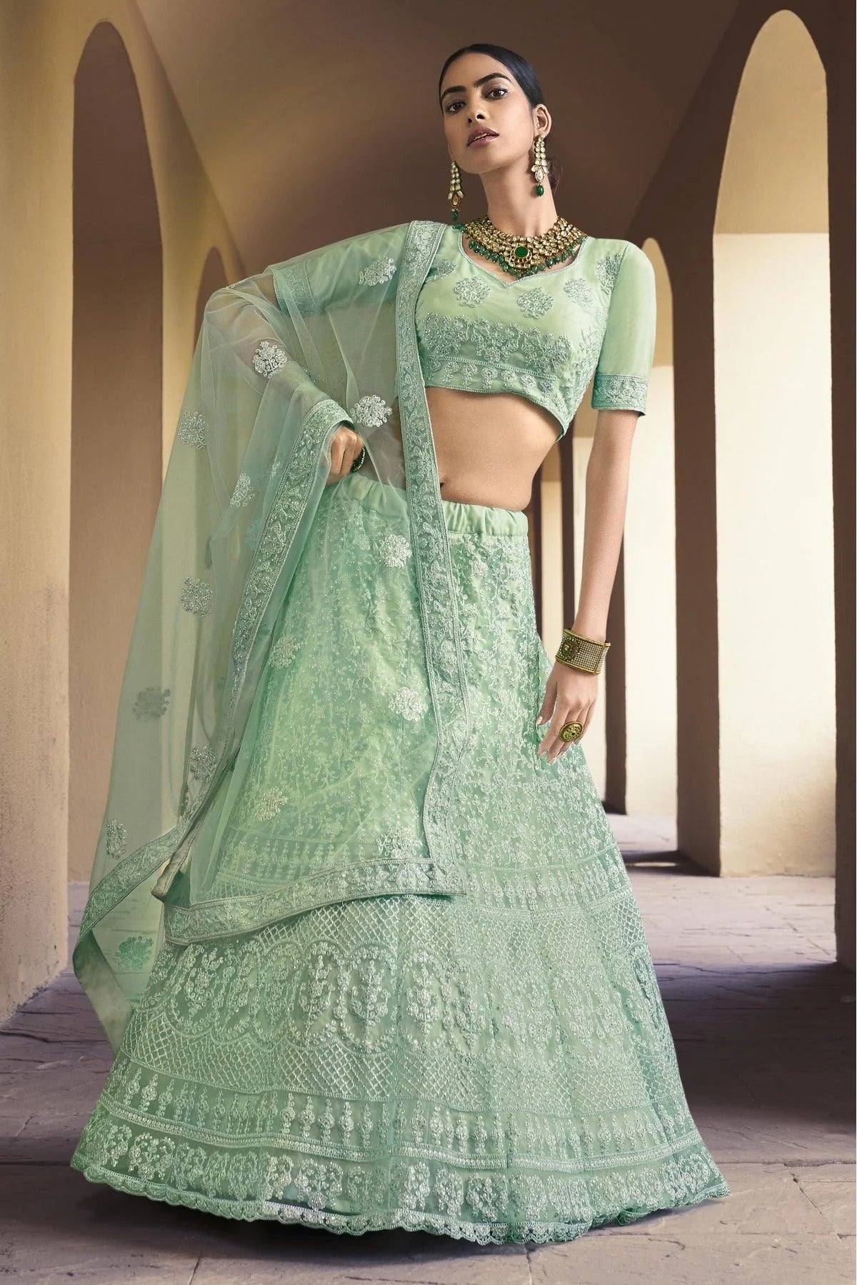 Green Colour Soft Net Sequins Work Lehenga Choli LC1080537