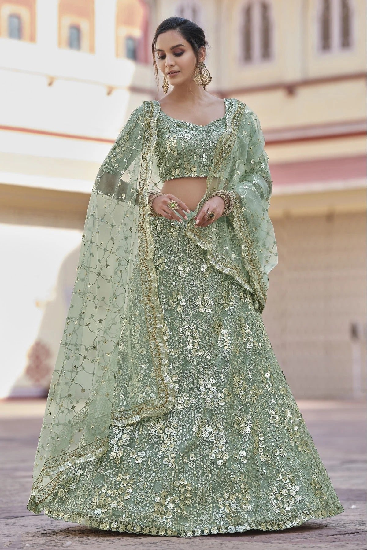 Green Colour Soft Net Sequins Work Lehenga Choli LC1080571