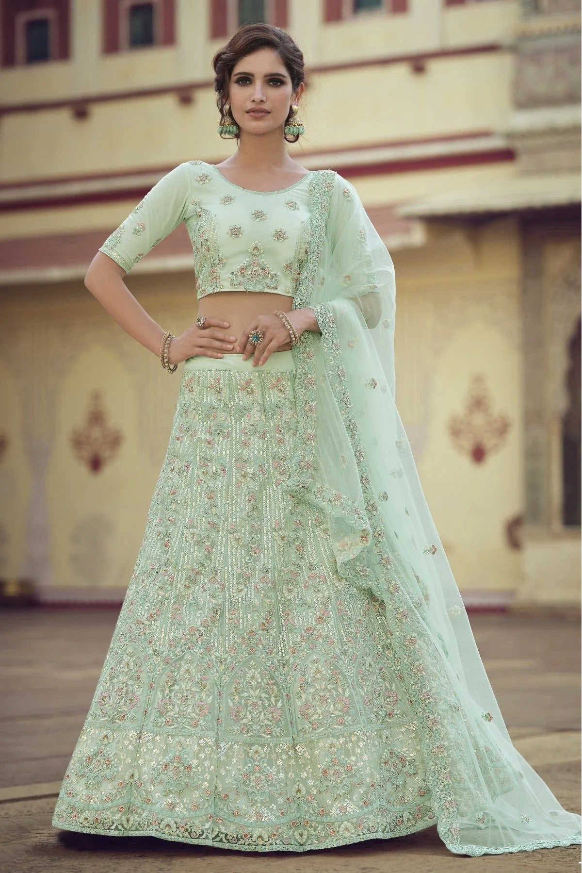 Green Colour Soft Net Sequins Work Lehenga Choli LC1080578