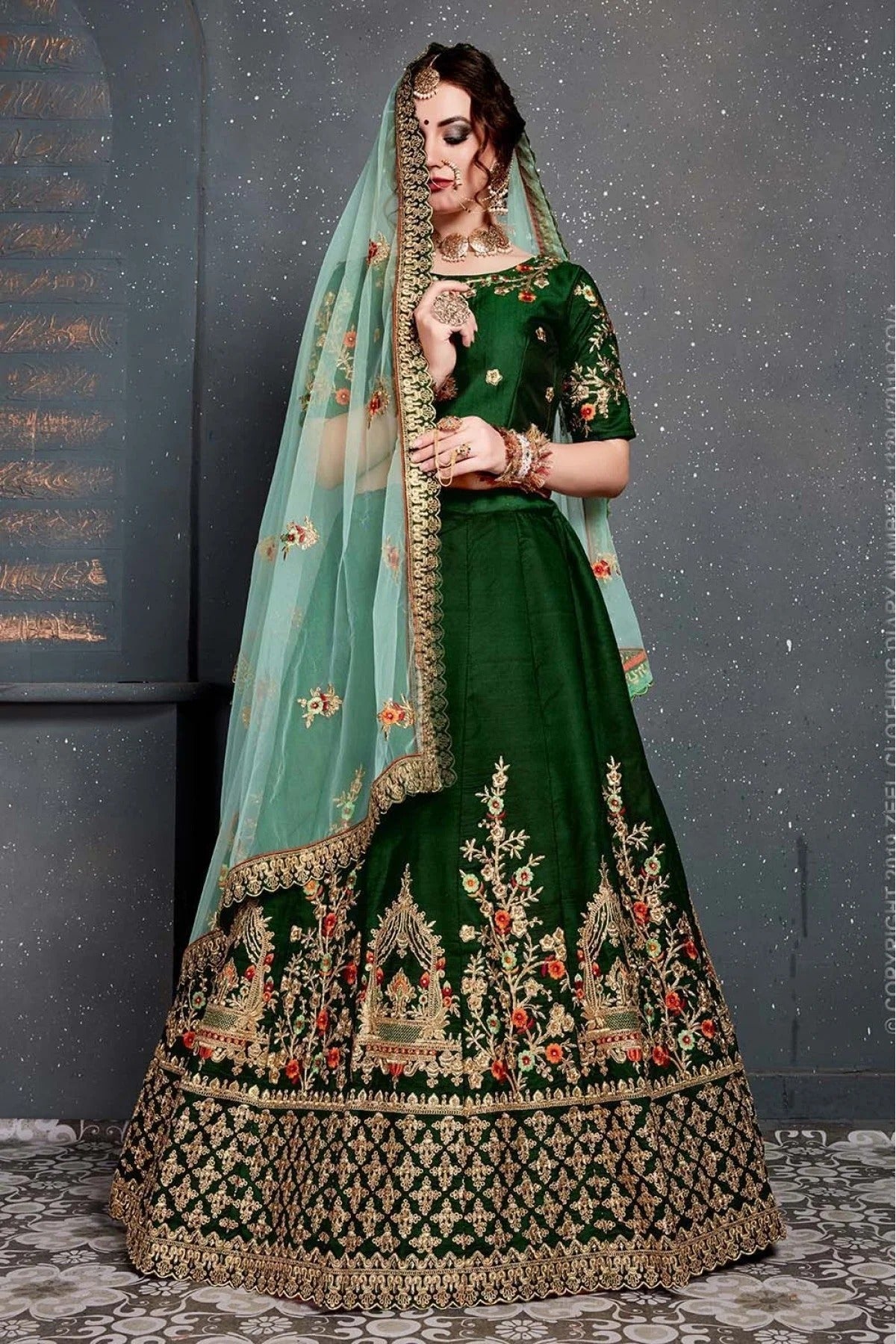 Green Colour Taffeta and Satin Silk Lehenga Choli LC1010038 D