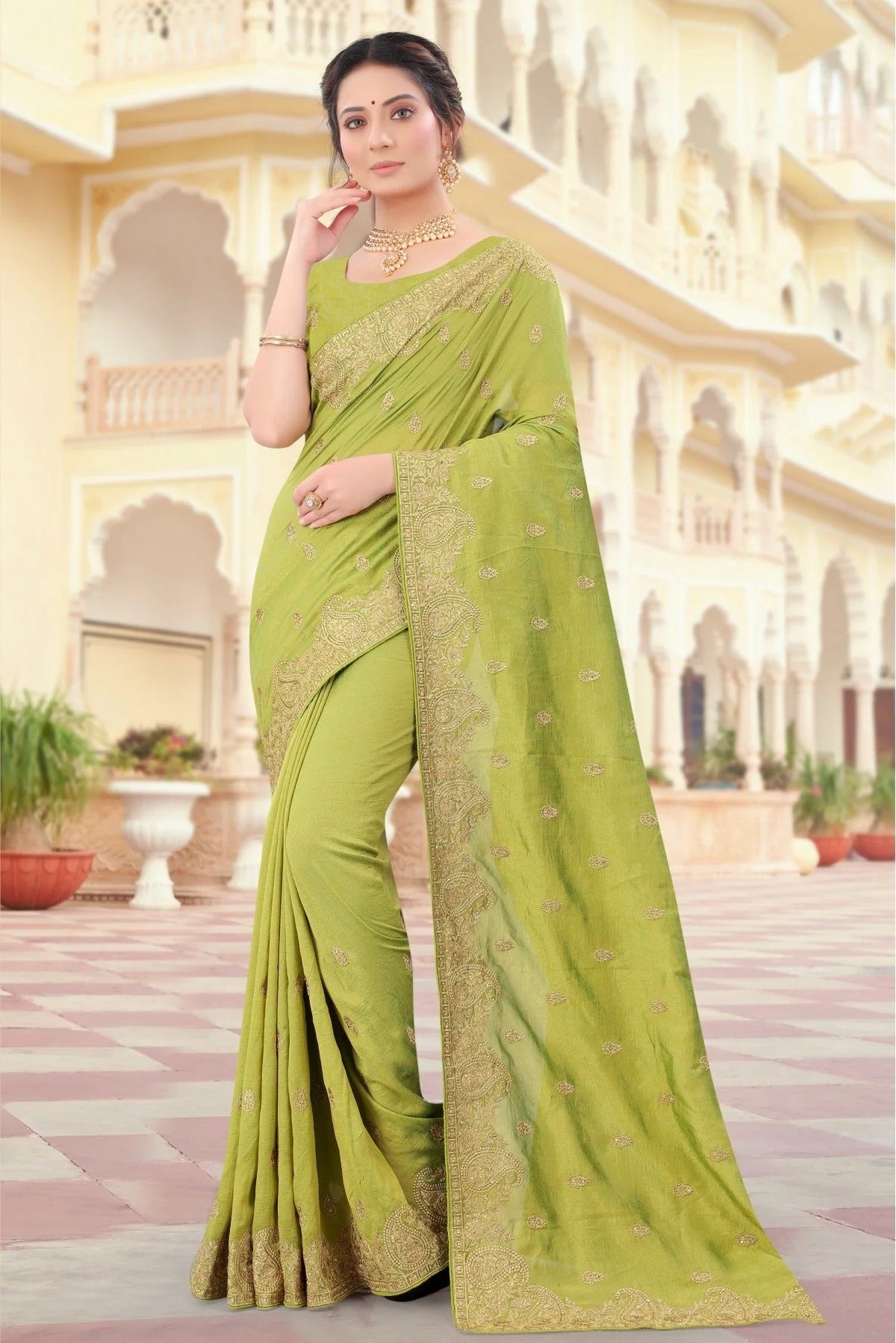 Green Colour Vichitra Silk Embroidery Saree SD1090428