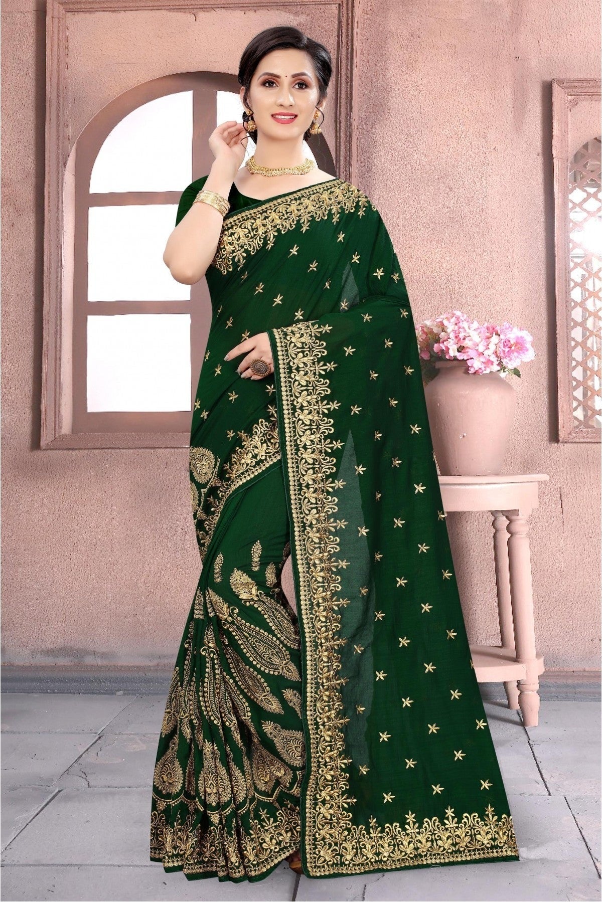 Green Colour Vichitra Silk Embroidery Saree SD1120160