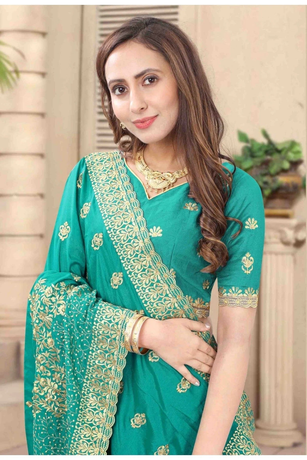 Green Colour Vichitra Silk Embroidery Saree SD1120684 A
