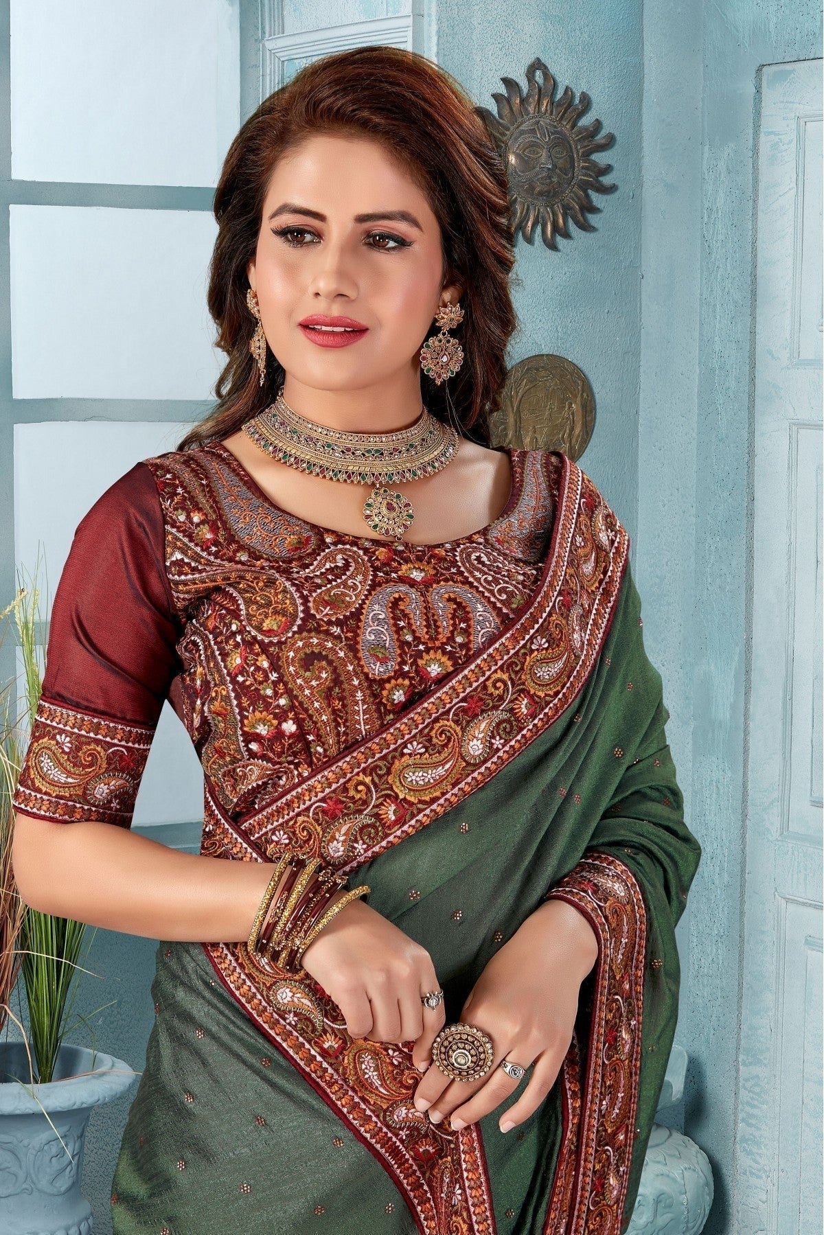 Green Colour Vichitra Silk Embroidery Saree SD1120825 A